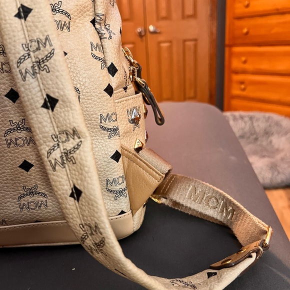 MCM Beige Visetos Silver and Gold Pyramid Studded Backpack - Picture 7 of 16